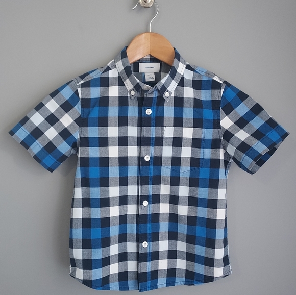 Old Navy, boys size 5 blue/black/white plaid pocket button down - Picture 1 of 4